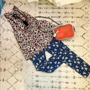 ALC Size Small Red, White and Blue Silk Floral Blouse